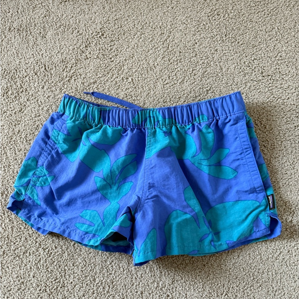 Patagonia Women’s Barely Baggy 2 1/2” Blue and Green Patterned Shorts